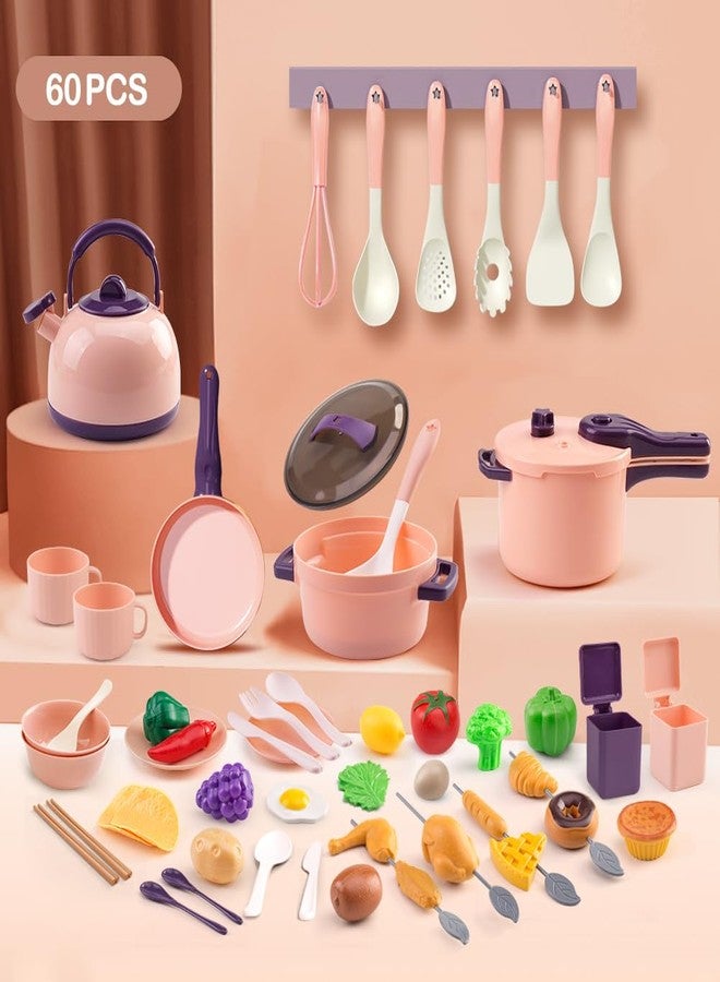 Zero Zoo 60Pcs Kids Mini Play Kitchen Accessories, Pretend Cooking Play Set with Cookware, Tableware & Fruit & BBQ Sets, Learning Gift for Boys, Girls, Toddlers,Pink - Image 3